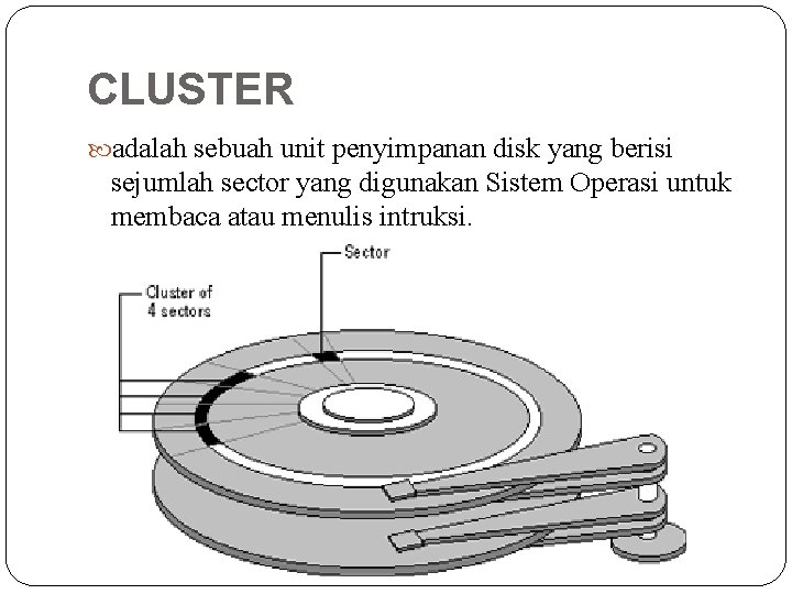 CLUSTER adalah sebuah unit penyimpanan disk yang berisi sejumlah sector yang digunakan Sistem Operasi