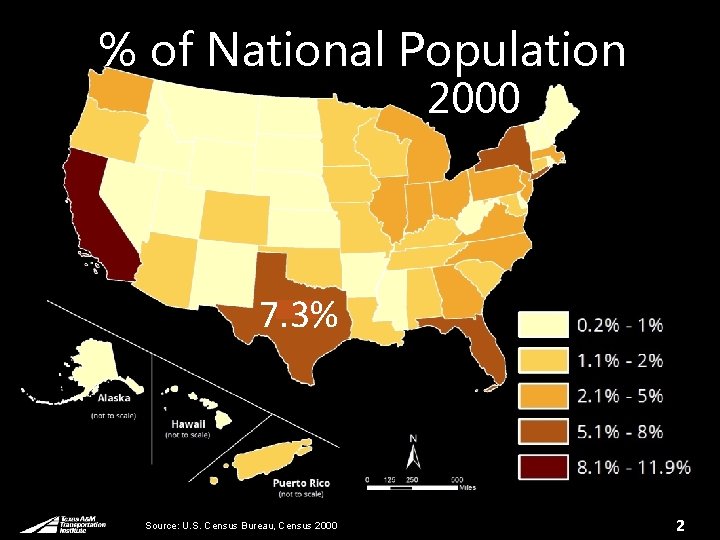 % of National Population 2000 7. 3% Source: U. S. Census Bureau, Census 2000