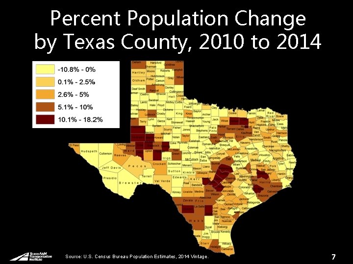 Percent Population Change by Texas County, 2010 to 2014 Source: U. S. Census Bureau