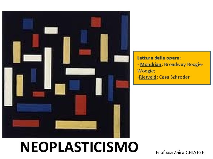 Lettura delle opere: - Mondrian: Broadway Boogie. Woogie; -Rietveld: Casa Schroder NEOPLASTICISMO Prof. ssa