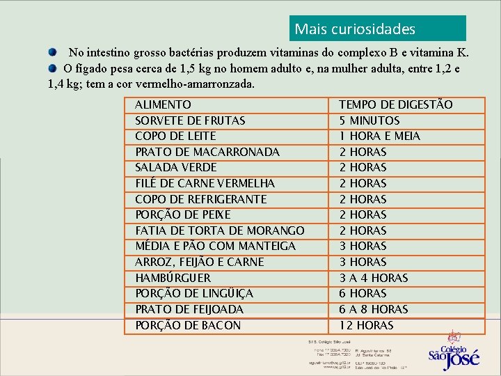 Mais curiosidades No intestino grosso bactérias produzem vitaminas do complexo B e vitamina K.