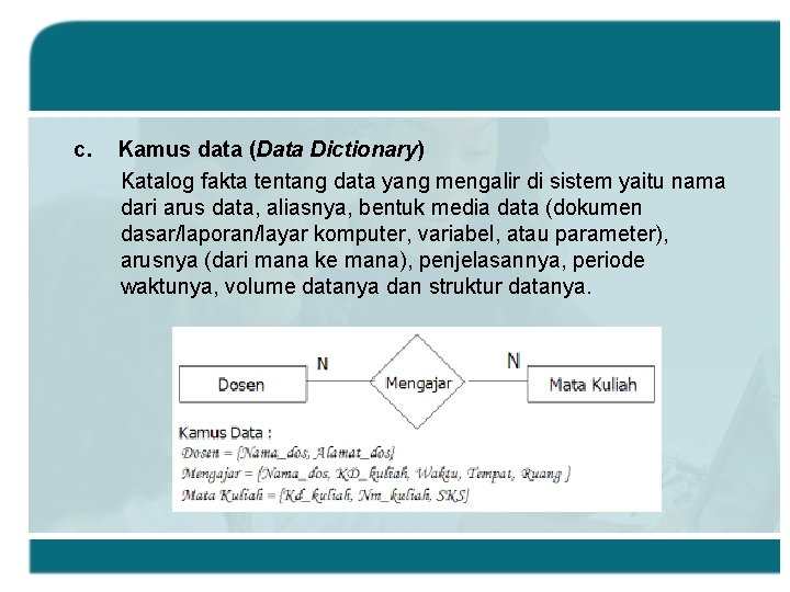 c. Kamus data (Data Dictionary) Katalog fakta tentang data yang mengalir di sistem yaitu