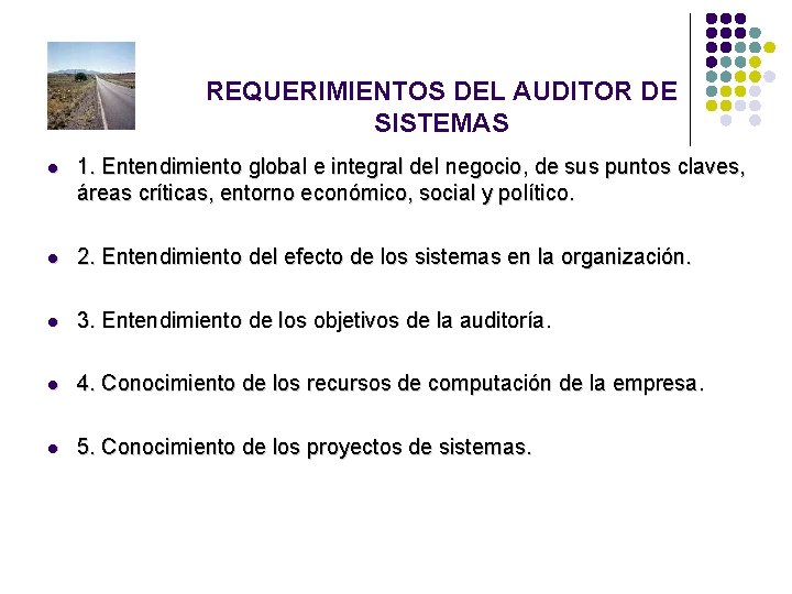 REQUERIMIENTOS DEL AUDITOR DE SISTEMAS l 1. Entendimiento global e integral del negocio, de