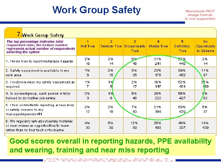 Work Group Safety Good scores overall in reporting hazards, PPE availability and wearing, training