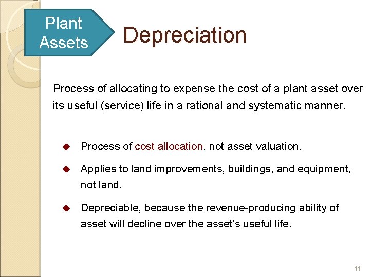 Plant Assets Depreciation Process of allocating to expense the cost of a plant asset