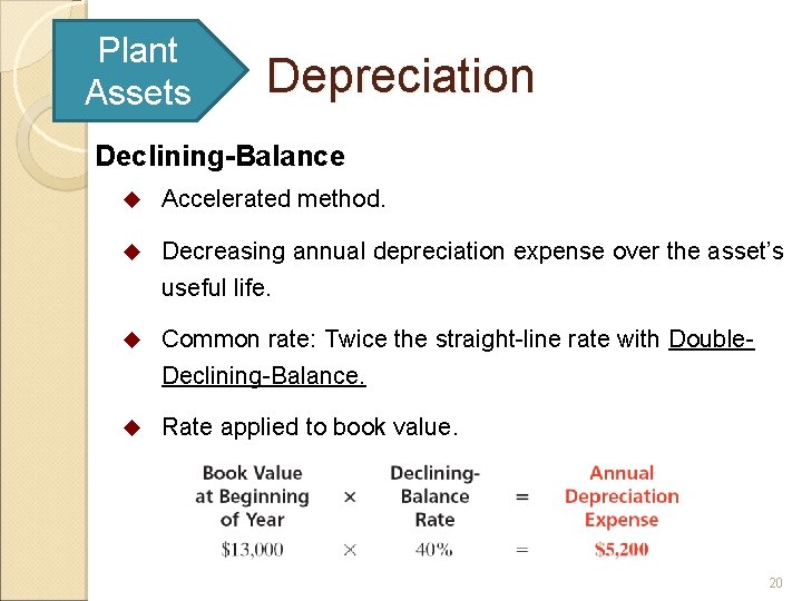 Plant Assets Depreciation Declining-Balance u Accelerated method. u Decreasing annual depreciation expense over the