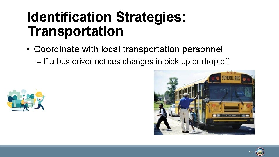Identification Strategies: Transportation • Coordinate with local transportation personnel – If a bus driver