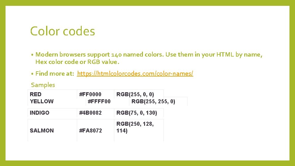 Color codes • Modern browsers support 140 named colors. Use them in your HTML