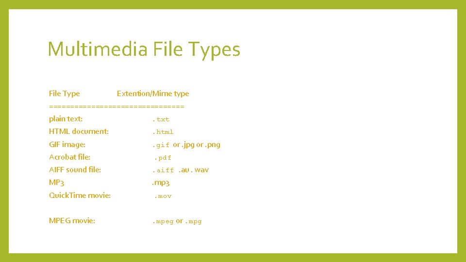 Multimedia File Types File Type Extention/Mime type ================ plain text: . txt HTML document: