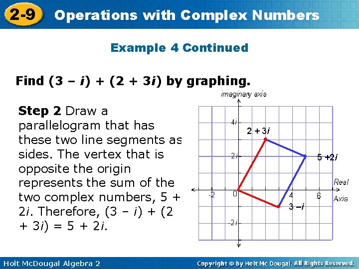 2 -9 Operations with Complex Numbers Example 4 Continued Find (3 – i) +