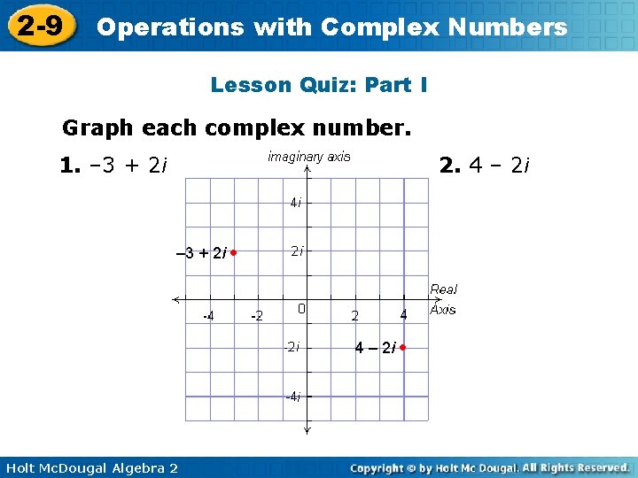 2 -9 Operations with Complex Numbers Lesson Quiz: Part I Graph each complex number.