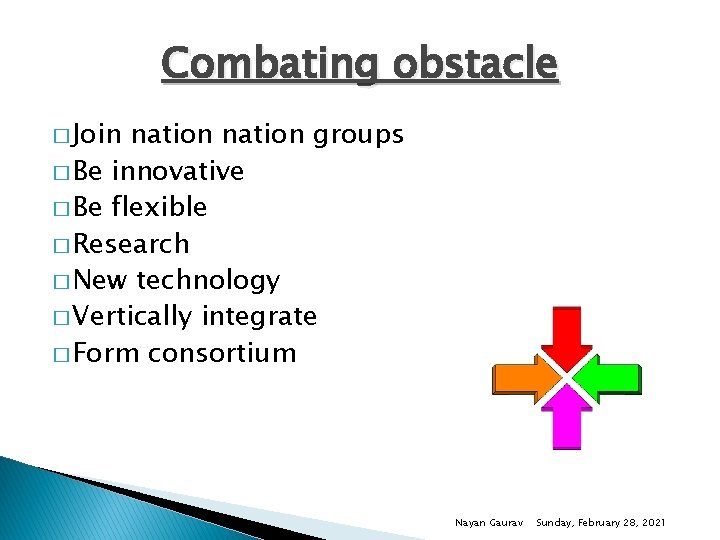 Combating obstacle � Join nation groups � Be innovative � Be flexible � Research