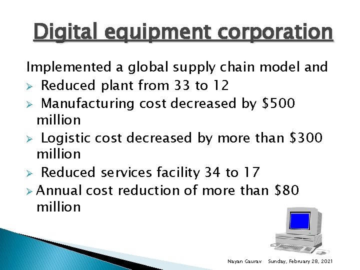 Digital equipment corporation Implemented a global supply chain model and Ø Reduced plant from