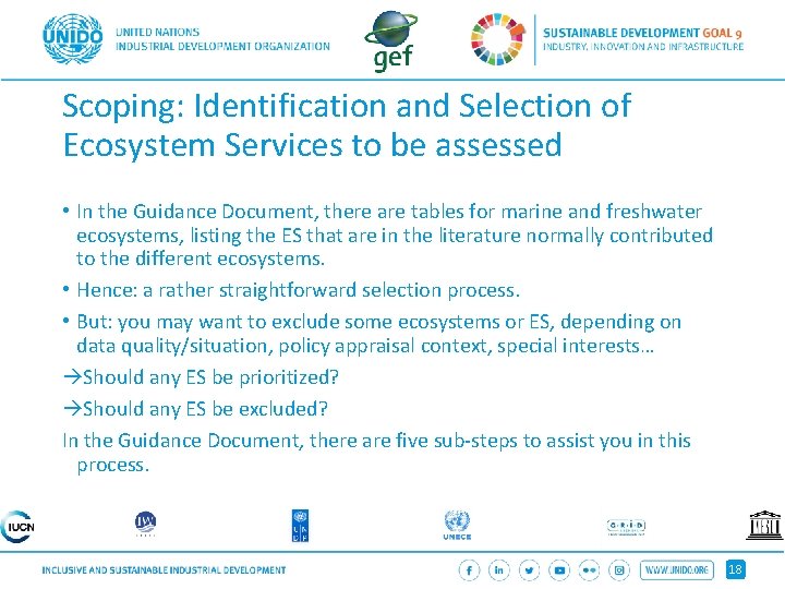 Scoping: Identification and Selection of Ecosystem Services to be assessed • In the Guidance