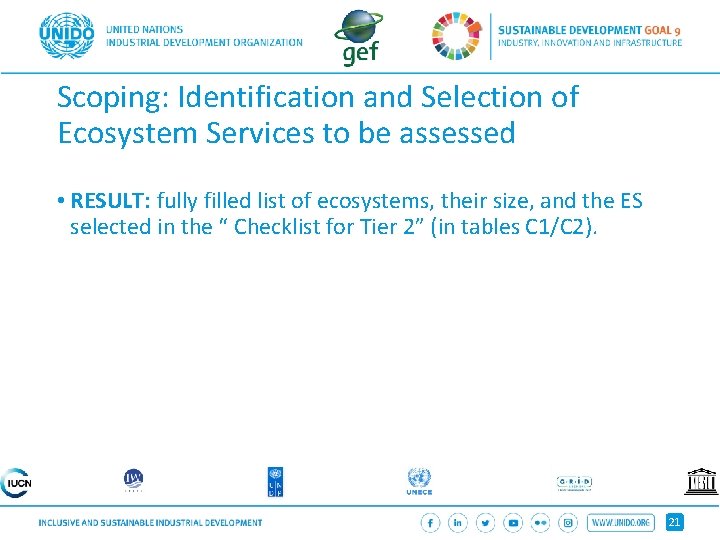 Scoping: Identification and Selection of Ecosystem Services to be assessed • RESULT: fully filled