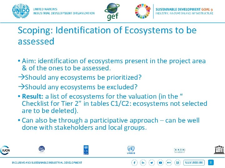 Scoping: Identification of Ecosystems to be assessed • Aim: identification of ecosystems present in