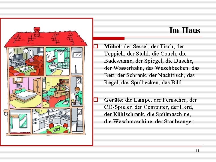 Im Haus o Möbel: der Sessel, der Tisch, der Teppich, der Stuhl, die Couch,