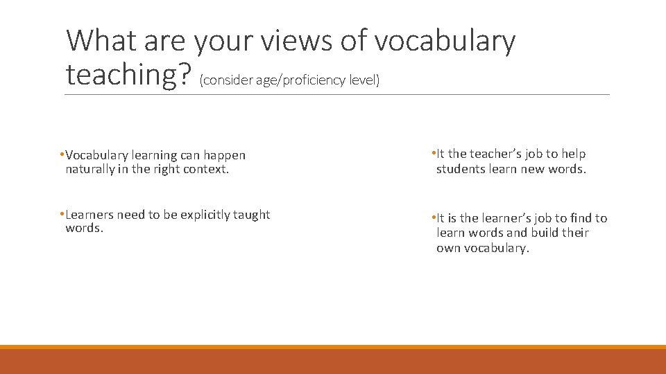 What are your views of vocabulary teaching? (consider age/proficiency level) • Vocabulary learning can