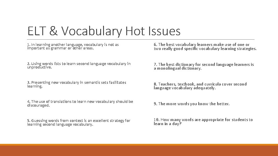 ELT & Vocabulary Hot Issues 1. In learning another language, vocabulary is not as