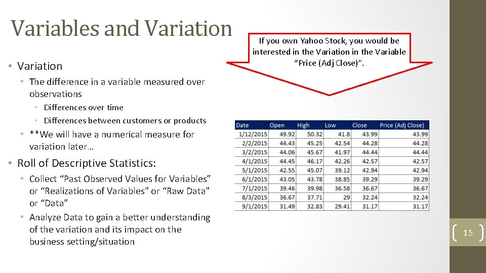 Variables and Variation • Variation If you own Yahoo Stock, you would be interested