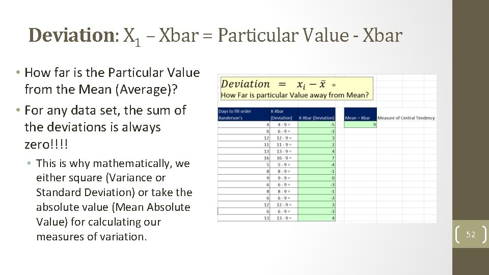 Deviation: X 1 – Xbar = Particular Value - Xbar • How far is