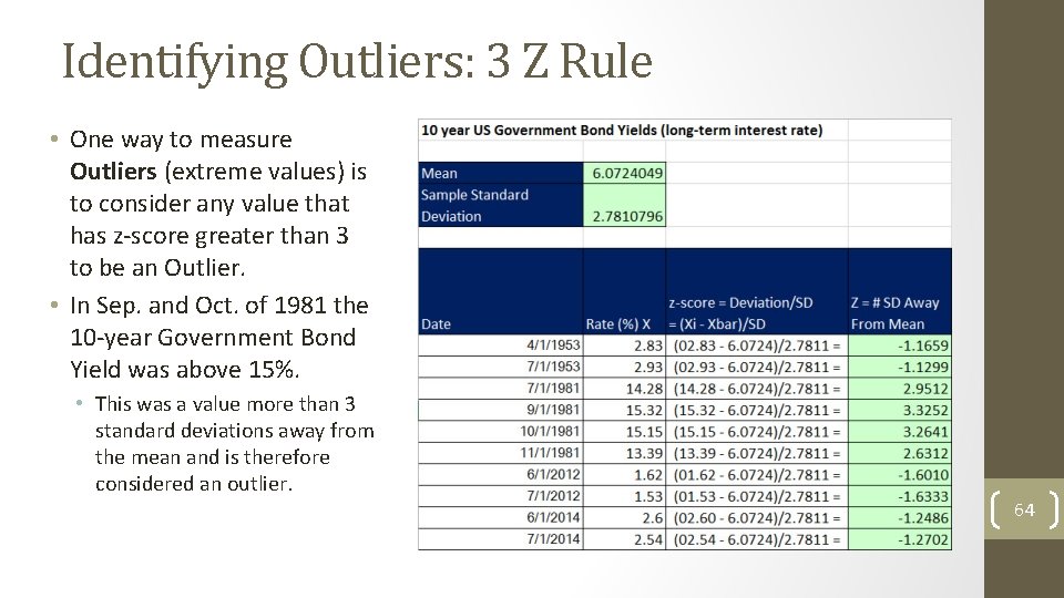 Identifying Outliers: 3 Z Rule • One way to measure Outliers (extreme values) is