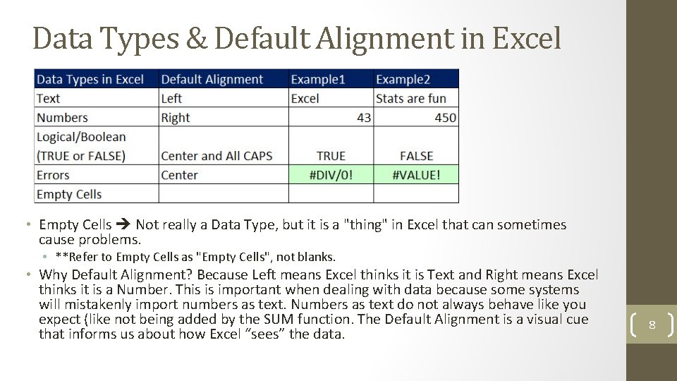 Data Types & Default Alignment in Excel • Empty Cells Not really a Data