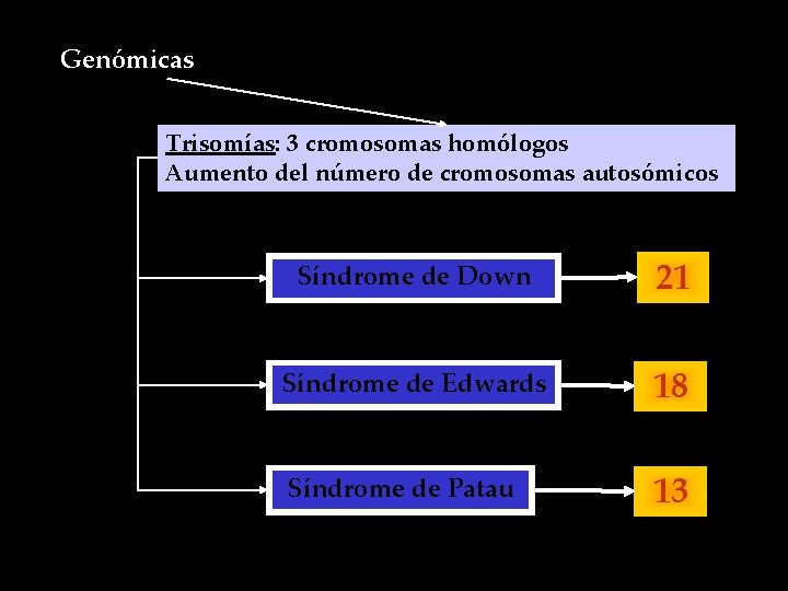 Genómicas Trisomías: 3 cromosomas homólogos Aumento del número de cromosomas autosómicos Síndrome de Down