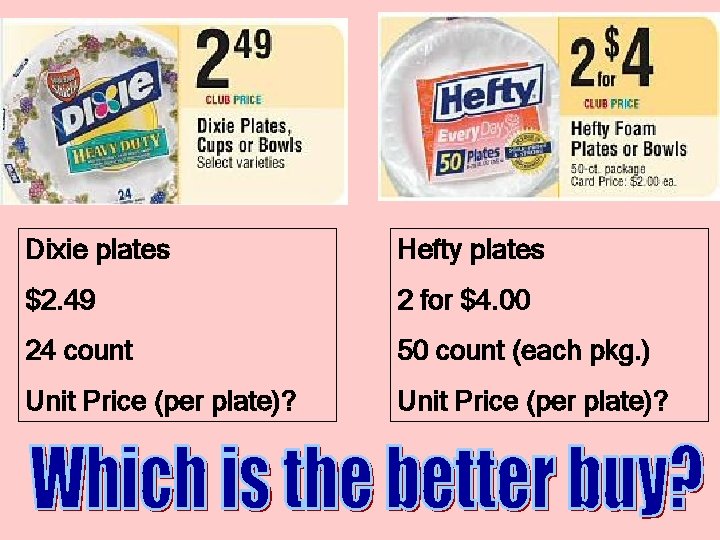 Dixie plates Hefty plates $2. 49 2 for $4. 00 24 count 50 count
