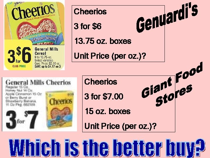 Cheerios 3 for $6 13. 75 oz. boxes Unit Price (per oz. )? Cheerios