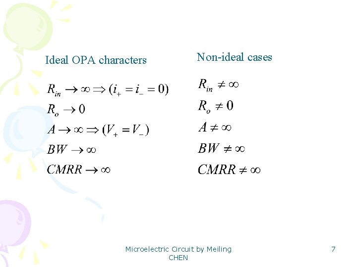 Ideal OPA characters Non-ideal cases Microelectric Circuit by Meiling CHEN 7 