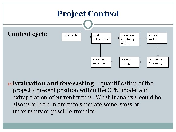 Project Control cycle Evaluation and forecasting – quantification of the project’s present position within