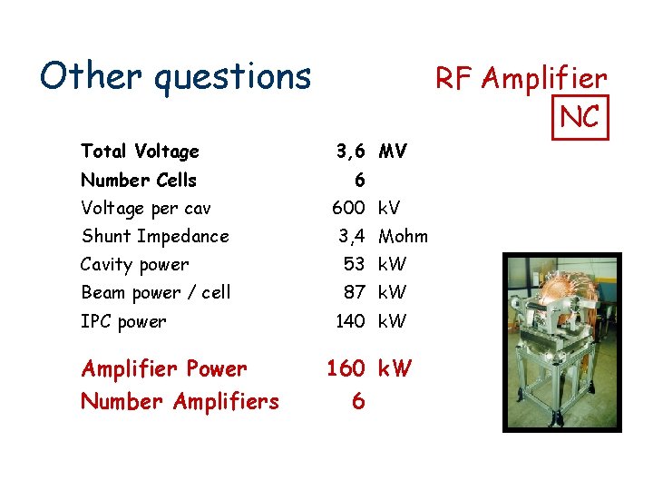 Other questions Total Voltage Number Cells Voltage per cav RF Amplifier NC 3, 6
