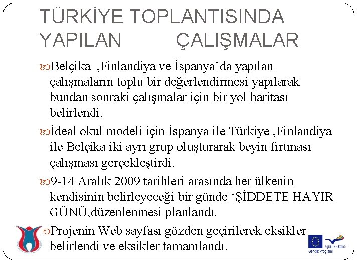 TÜRKİYE TOPLANTISINDA YAPILAN ÇALIŞMALAR Belçika , Finlandiya ve İspanya’da yapılan çalışmaların toplu bir değerlendirmesi