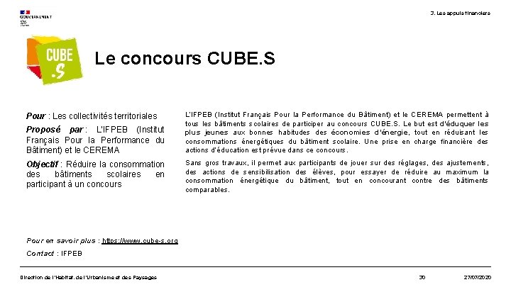 3. Les appuis financiers Le concours CUBE. S Pour : Les collectivités territoriales Proposé