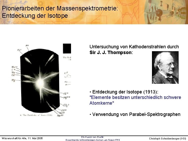 Pionierarbeiten der Massenspektrometrie: Entdeckung der Isotope Untersuchung von Kathodenstrahlen durch Sir J. J. Thompson: