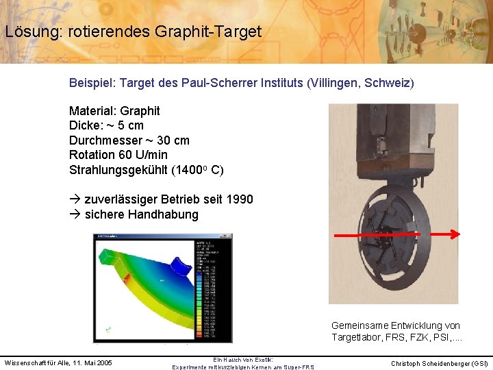 Lösung: rotierendes Graphit-Target Beispiel: Target des Paul-Scherrer Instituts (Villingen, Schweiz) Material: Graphit Dicke: ~