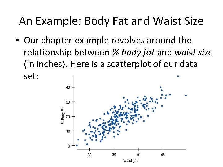 An Example: Body Fat and Waist Size • Our chapter example revolves around the