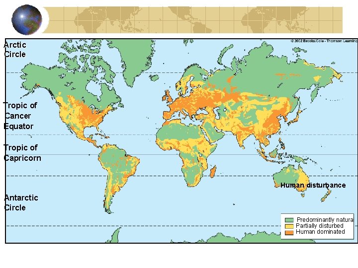 Arctic Circle Tropic of Cancer Equator Tropic of Capricorn Human disturbance Antarctic Circle Predominantly
