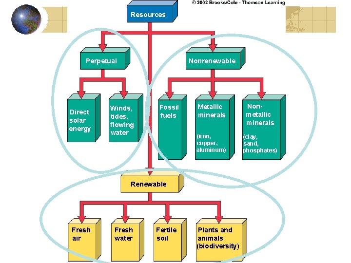 Resources Perpetual Direct solar energy Nonrenewable Winds, tides, flowing water Fossil fuels Metallic minerals