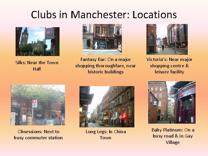 Clubs in Manchester: Locations Silks: Near the Town Hall Obsessions: Next to busy commuter