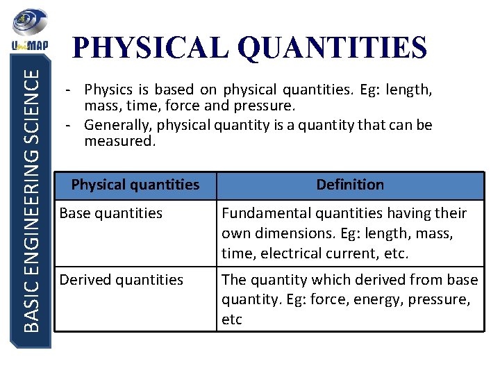 BASIC ENGINEERING SCIENCE PHYSICAL QUANTITIES - Physics is based on physical quantities. Eg: length,