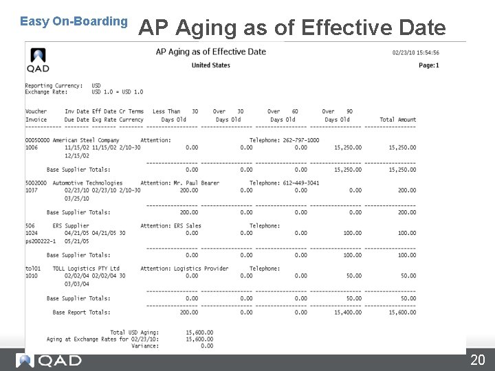 AP Aging Reports – 28. 17. 4/5/6 Easy On-Boarding AP Aging as of Effective