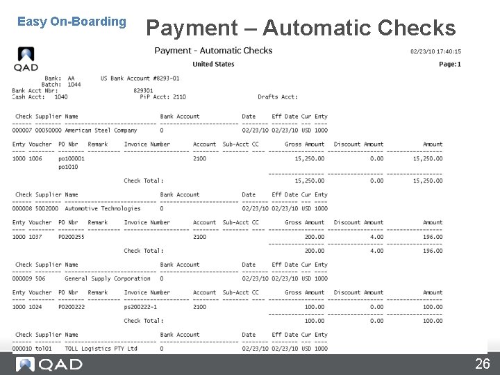 Payment Automatic Cheques – 28. 9. 9 Easy On-Boarding Payment – Automatic Checks 26