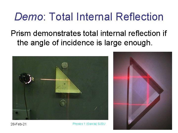 Demo: Total Internal Reflection Prism demonstrates total internal reflection if the angle of incidence