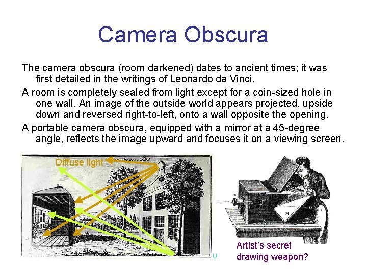 Camera Obscura The camera obscura (room darkened) dates to ancient times; it was first