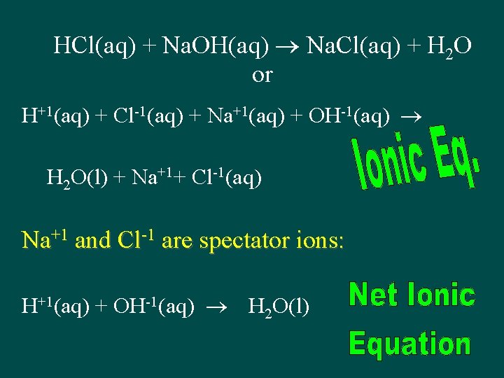 HCl(aq) + Na. OH(aq) Na. Cl(aq) + H 2 O or H+1(aq) + Cl-1(aq)