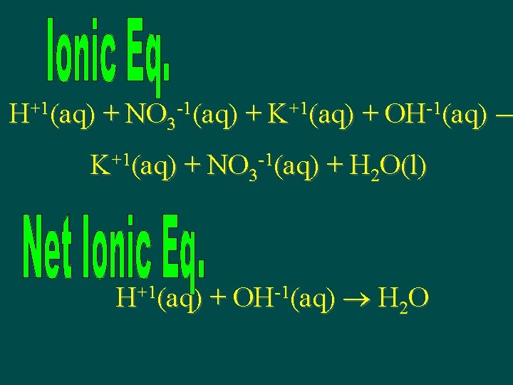 H+1(aq) + NO 3 -1(aq) + K+1(aq) + OH-1(aq) K+1(aq) + NO 3 -1(aq)