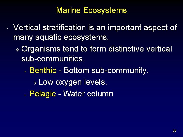 Marine Ecosystems • Vertical stratification is an important aspect of many aquatic ecosystems. v