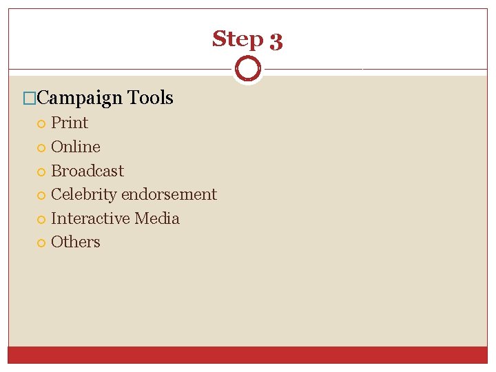 Step 3 �Campaign Tools Print Online Broadcast Celebrity endorsement Interactive Media Others 